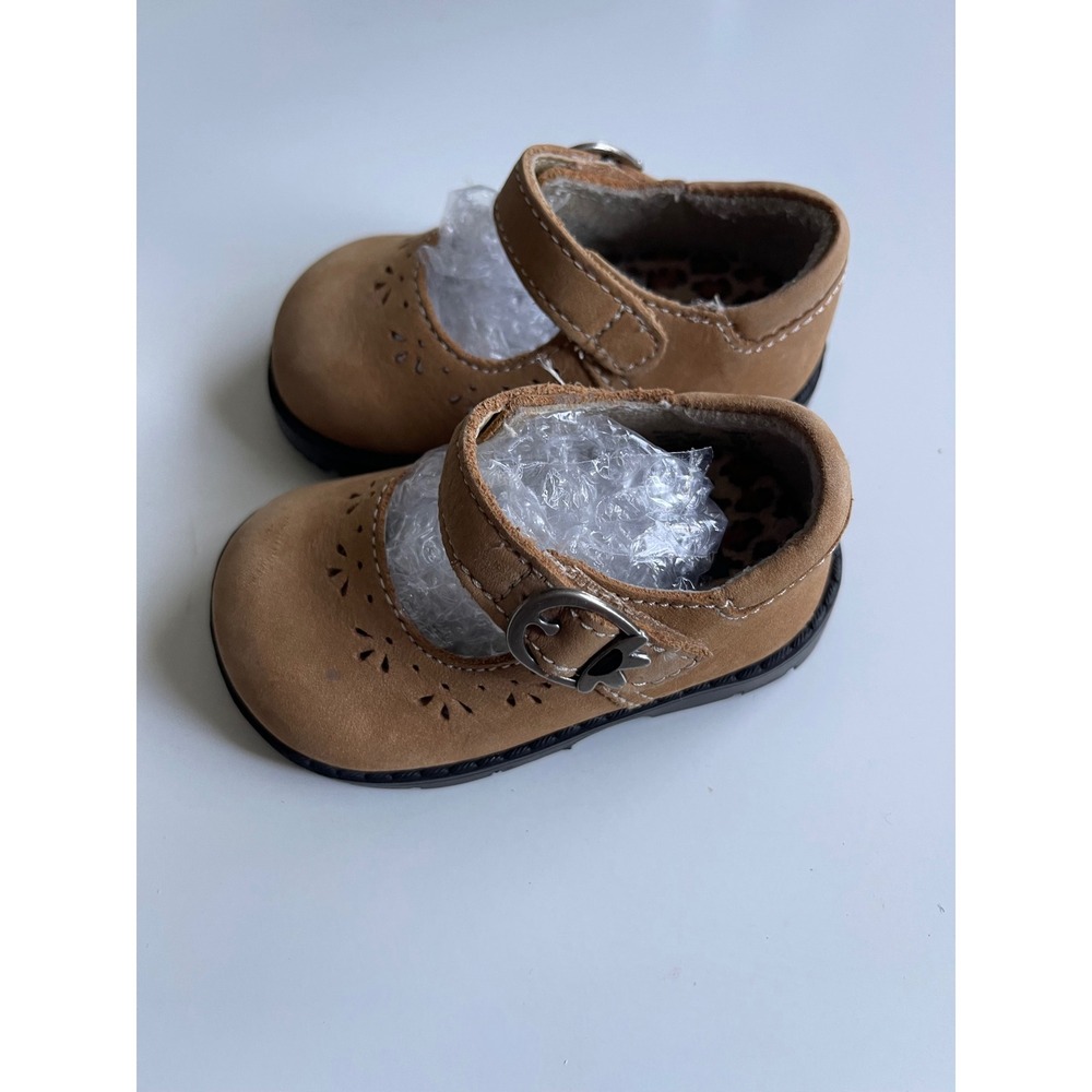 George Regan Tan Leather Mary Jane Shoe Toddler Girls Size2 Leopard Print Lining